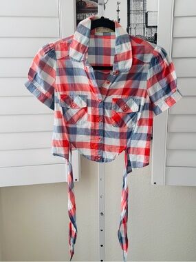Etam Weekend Plaid Tie-Front Crop Blouse. Size 36/M
